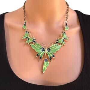 Vtg Green Enamel Butterfly Statement Set Whimsical Art Nouveau Necklace Earrings
